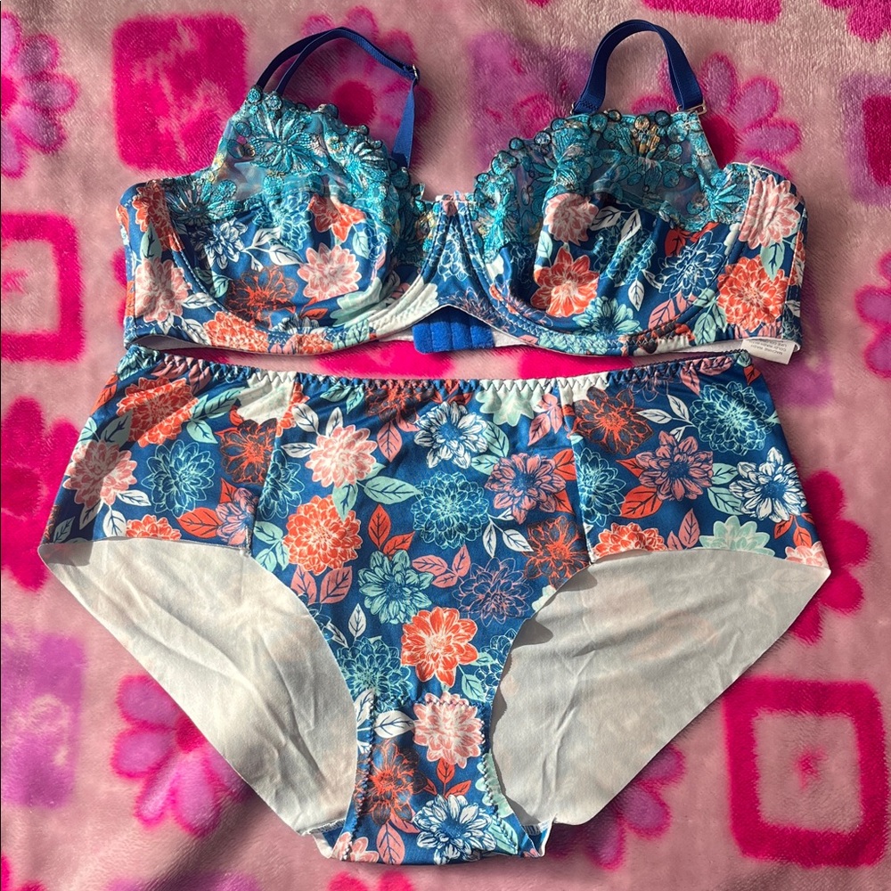 Plus size Floral Blue and Orange Lingerie Set